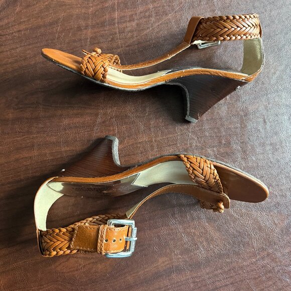 Michael Kors Women's Sandal Sz 9 Cone Heel Retro T-Strap Braided Tobacco Leather - Picture 4 of 4